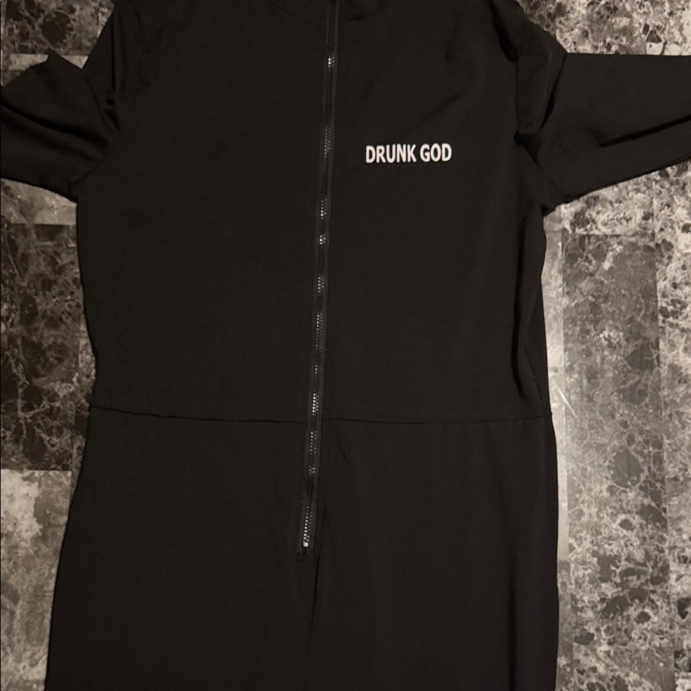 Black Zip-Up Jacket with 'Drunk God' Text